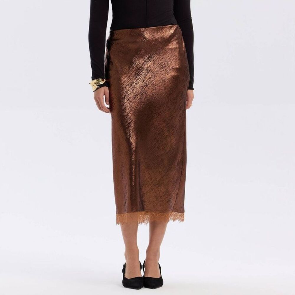 Women's Metallic Woven Midi Skirt - Gold XS